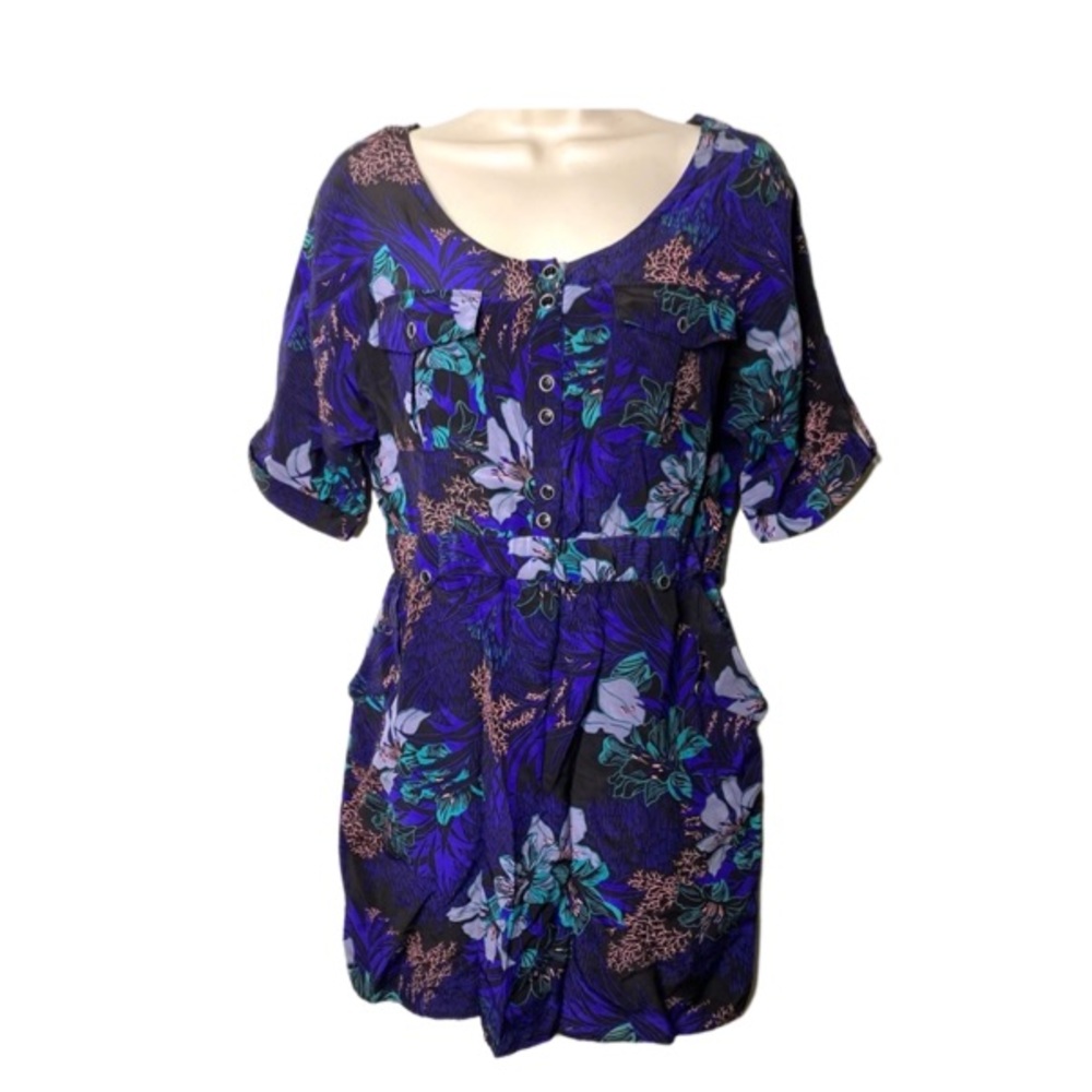 Yumi Kim Floral Back Cut Out Short Sleeve Silk Black Blue Dress S